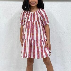 NEW PAR & ESCALA ELENA PINK KIDS DRESS Stripe Printed Size Large